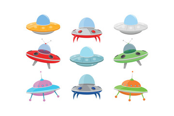 Collection of colorful cartoon flying saucers and ufo spacecraft with antennas and domes, isolated on a white background © Shaidul