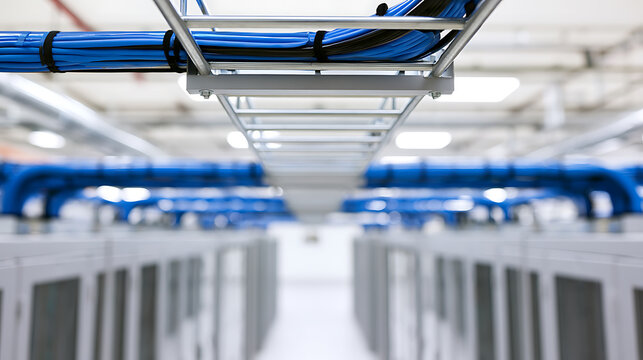 Data center server room interior showing organized blue network cable trays and server rack hardware infrastructure for modern cloud computing