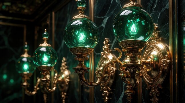 Antique gold wall sconces with emerald glass globes illuminate dark opulent room. Ornate fixtures feature detailed metalwork, adding luxury to interior design.