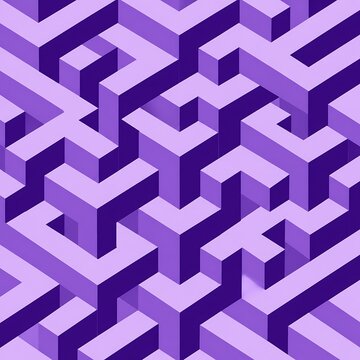 Isometric purple maze pattern, 3D geometric labyrinth background, abstract purple block structure for tech and gaming design