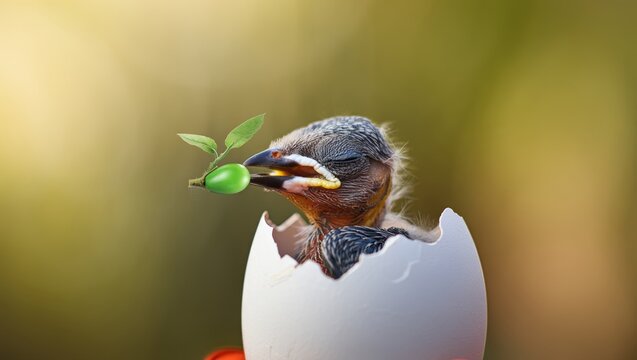 Newborn Bird in Eggshell Holds Green Berry
