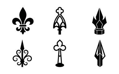 A striking collection of six ornate black silhouettes showcasing a variety of fleur de lis and cross inspired designs offering a gothic and heraldic aesthetic © Tufayel