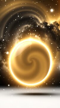 Abstract Golden Glowing Sphere Rotating in Deep Space With Cosmic Nebula Background