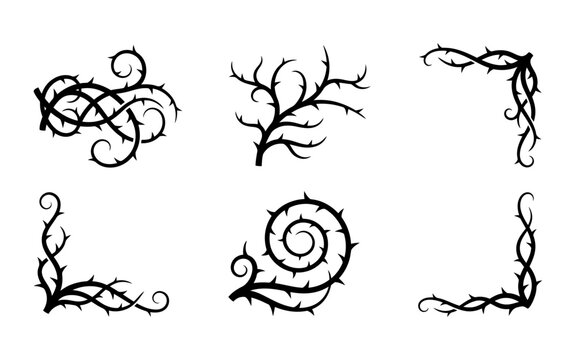 A collection of black thorny vine silhouettes isolated on a white background perfect for creating spooky halloween decorations and dark gothic style graphic design projects