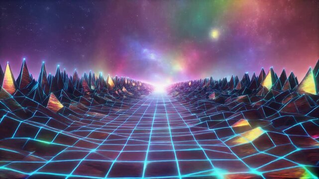 Surreal digital dreamscape with shimmering grid and mountains