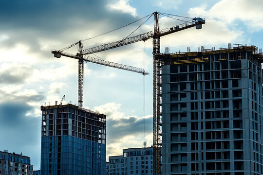 Busy construction site with cranes and a developing skyscraper.