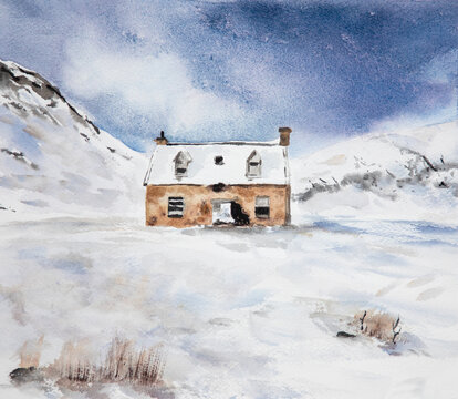 Watercolour painting of isolated house in snowy landscape