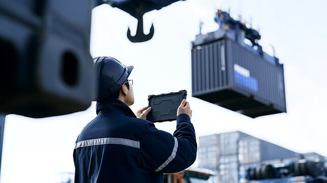 Port worker manage cargo container freight logistics with tablet computer outdoors at shipping yard warehouse terminal crane loading industry