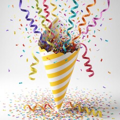 Naklejka premium Yellow striped paper cone explodes with colorful confetti and streamers. Festive ribbons swirl and flutter, creating a cheerful celebration atmosphere. Party supplies scatter on white background.