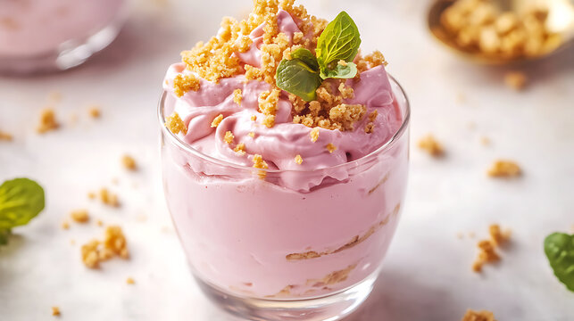 Berry mousse dessert with crunchy crumble topping and rich texture.