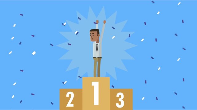 Flat design businessman standing on first place winner podium celebrating success with confetti motion.