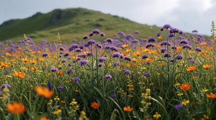 Obraz premium Field with purple and orange wildflowers and green grass. A gentle hill rises in the background under a cloudy sky. Nature scene during daytime.