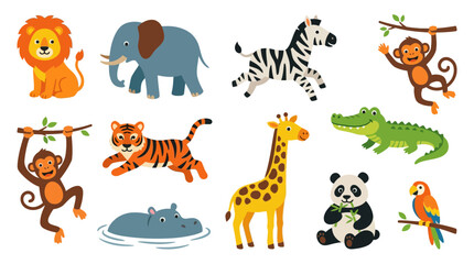 Fototapeta premium Collection of cute cartoon wild animals isolated on a white background.