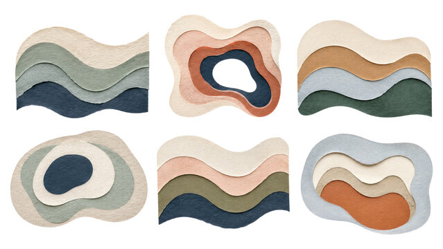 Set of six abstract layered paper cut compositions featuring organic wavy shapes, textured depth, and earthy muted tones for modern minimalist art and decor
