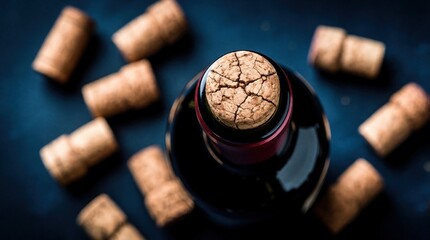 Naklejka premium Red wine bottle with cork stopper viewed from above. Scattered corks surround dark glass bottle on deep blue surface. Close up on wine stopper for celebration or winery ad.