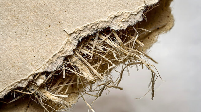 Torn paper reveals fibrous pulp structure showcasing the material s internal composition and texture cardboard fragment ripped rough beige