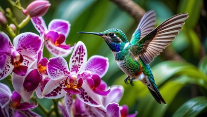 Naklejka premium Vibrant Hummingbird Feeds on Orchid