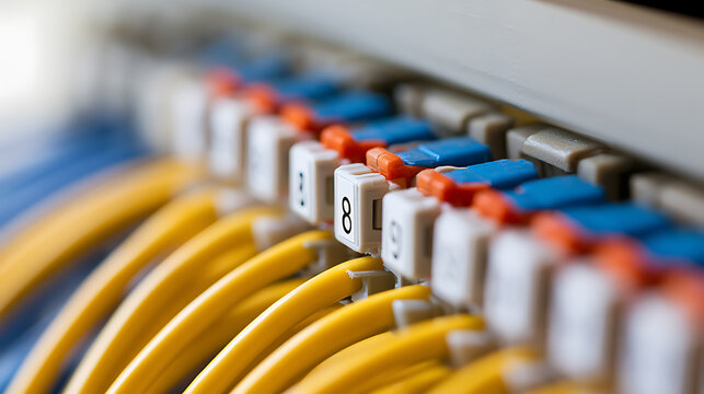 Close-up of organized yellow network cables connected to patch panel ports in server room rack, telecommunication data center background