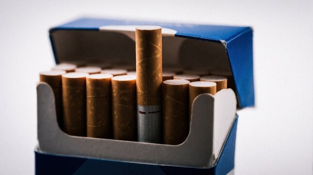 Full packet of cigarettes open showing rows of tobacco sticks. One cigarette stands taller, isolated in white studio light. Smoking habit, nicotine addiction risk.