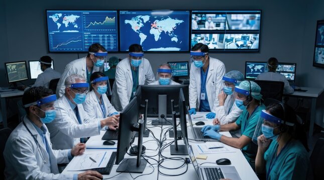 Scientific team diligently monitoring global hantavirus disease outbreak progression, analyzing epidemiologic data, strategizing public health response, using personal protective equipment.