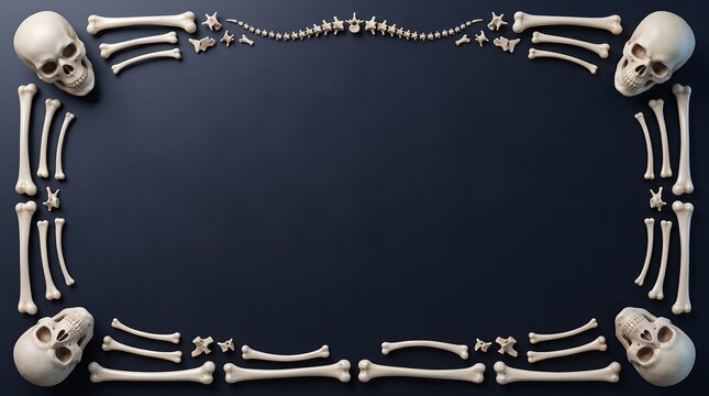 A rectangular frame made of human skulls and various bones isolated on a dark black background for halloween design concepts