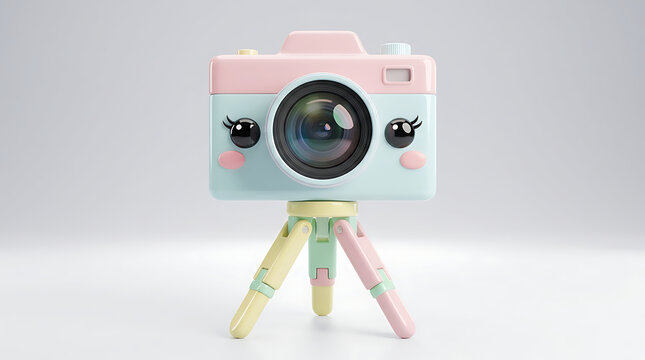 Cute pastel toy camera with face on mini tripod pastel colors