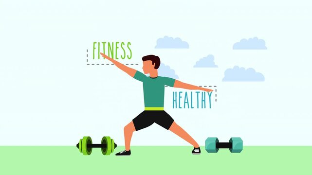 Animated young man doing yoga warrior pose outdoors for fitness and healthy lifestyle campaign.