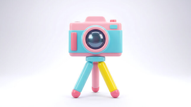 Pink and blue toy camera on colorful tripod yellow 3