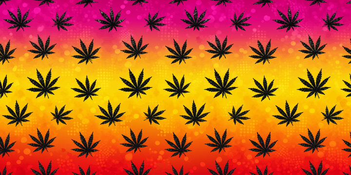 Seamless pattern background featuring black cannabis leaf silhouettes on pink yellow red gradient repeating pattern cannabis seamless background silhouette gradient marijuana repeating