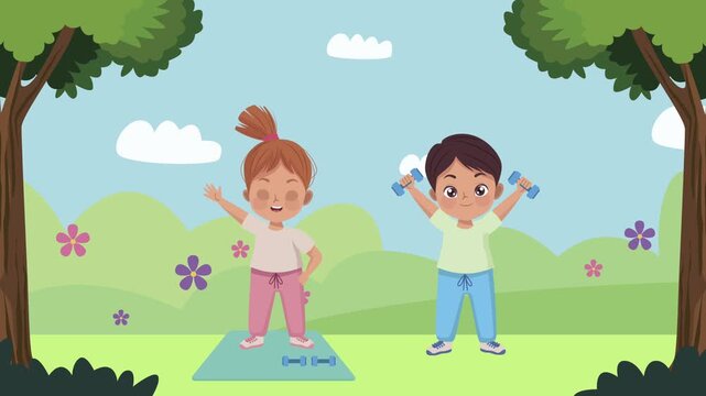 Cartoon children doing outdoor sports and fitness exercise in park landscape background with motion graphics.