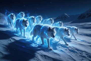 Naklejka premium Arctic wolves with blue energy glow run across snowy mountains at night. A mystical pack moves together in a cold, wild winter landscape under starry sky.
