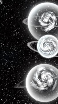 Abstract Animation of Three Glowing Planets With Rings Rotating in Deep Space