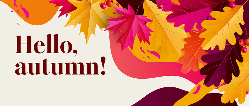 Hello autumn greeting card with colorful maple and oak leaves, berries and vibrant seasonal foliage on a white background with copy space