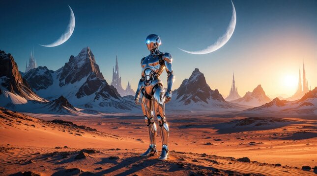 Futuristic chrome android stands alone on desolate alien planet surface. Metallic robot explores desert landscape with snowy mountains, tall towers under twin moons. Sci-fi cyborg looks at sunset