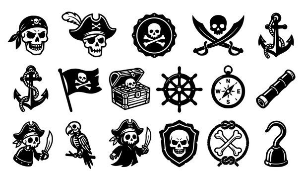 SEO Title:
Cartoon Jolly Roger Pirate Skull Anchor Sword and Treasure Vector Icons