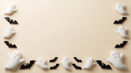 Fototapeta premium Flat lay composition with cute white ghosts and black bats arranged as a decorative border on a beige background