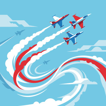 Vector illustration showing three fighter jets in formation performing aerobatic stunts with swirling red and white smoke trails against a blue sky background with stylized clouds.
