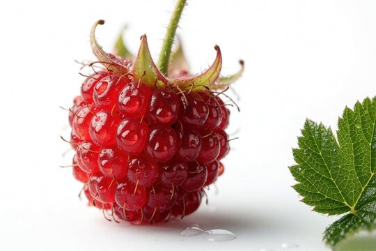Macro shot of ripe red salmonberry with water drops on white background. Fresh organic berry with green leaf, stem. Sweet wild fruit isolated for food design, healthy nutrition concept summer garden