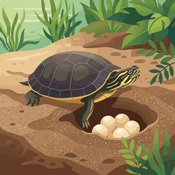 Vector illustration of a yellow-bellied slider turtle (Trachemys scripta scripta) on a sandy riverbank next to an underground nest containing white turtle eggs in a wetland setting.