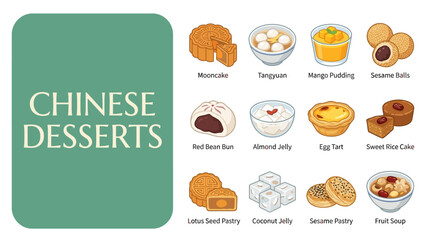 Fototapeta premium Collection of Traditional Chinese Dessert Icons Featuring Mooncakes, Egg Tarts, and Sweet Pastries for Menu Design