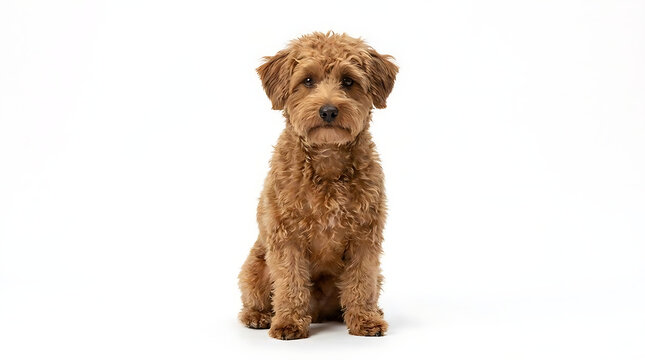 Cute brown poodle puppy sitting on white background.