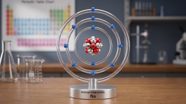 Detailed 3D Sodium Atom Model with Protons Electrons and Neutrons in a Science Lab Environment