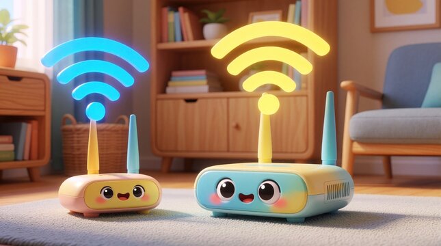 Two cute cartoon wifi routers emit wireless signals in a cozy living room. One router is pink and blue, the other is blue and yellow, both glowing warmly, signifying home network connection.