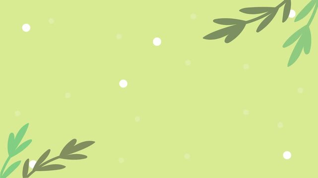 Abstract green botanical background animation featuring moving leaves and floating white particles in flat vector style.