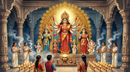 Obraz premium Divine goddess durga idol worship ceremony inside traditional temple with devotees and oil lamps.