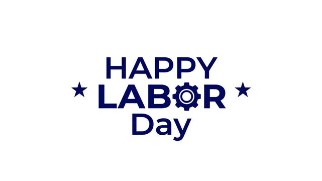 Happy Labor Day text title with gear icon and stars on white background