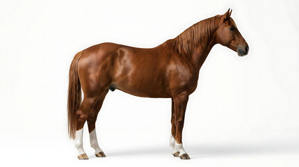 Obraz premium Brown horse standing in profile on white background.