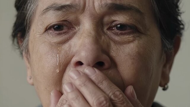 Elderly Woman Expresses Deep Emotion While Covering Her Mouth