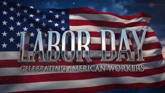 Labor Day metallic text celebration with waving American flag background