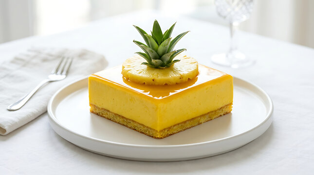 Yellow pineapple mousse cake with fresh pineapple garnish